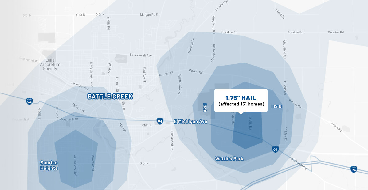 Hail storm weather map for Battle Creek, MI
