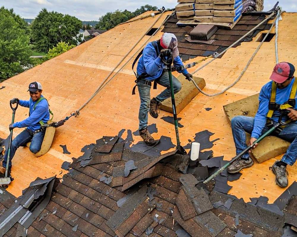 Roof Replacement Contractors tearing off an asphalt roof in Grand Rapids, Michigan
